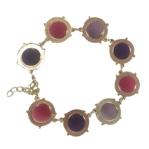 Faceted Lucite Cabochon Link Bracelet Purple Pink Gold Tone - Picture 3 of 4